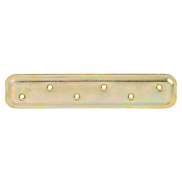 Alberts Pletina de ensamblaje - L x An: 180 x 40 mm, Zincado - Placa de montaje metálica dorada, rectangular con esquinas redondeadas y seis orificios para tornillos.
