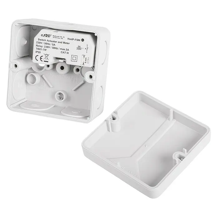Homematic IP Funkschalter HmIP-FSM - 41 x 54 x 33 mm, Unterputz, 230 V, 5 A - Ein weißes, quadratisches Gehäuse mit einer abnehmbaren Abdeckung, vermutlich für elektronische Geräte, im Detail dargestellt.