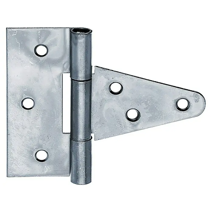 Alberts Bisagra - L x An: 79 x 90 mm, Acero, Zincado - Primer plano de una bisagra en T brillante de color plateado con orificios para tornillos, colocada sobre un fondo negro.
