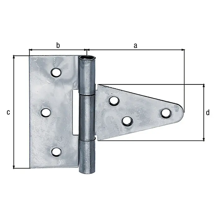 Alberts Bisagra - L x An: 79 x 90 mm, Acero, Zincado - Una bisagra en T de metal utilizada para la fijación de puertas o portones, con dimensiones a, b, c y d que indican su tamaño.