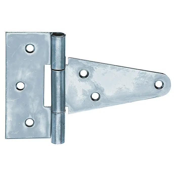 Alberts Bisagra - L x An: 102 x 90 mm, Acero, Zincado - Primer plano de una bisagra en T zincada con punta redondeada, que proporciona mayor estabilidad para puertas y portones.