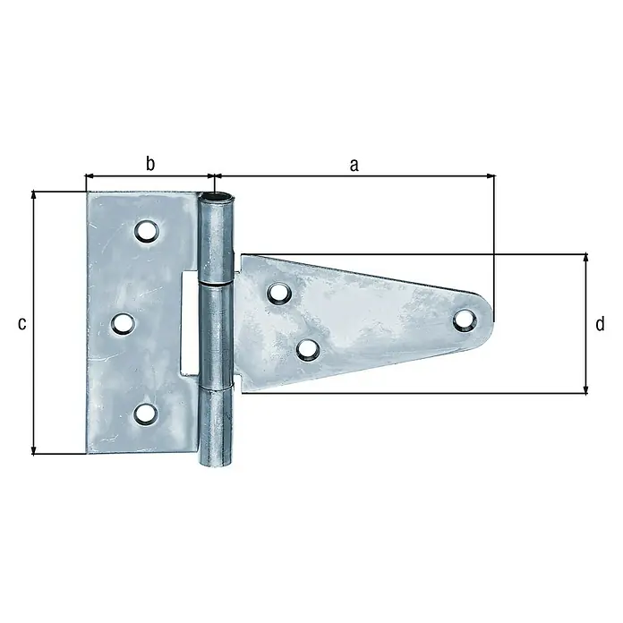 Alberts Bisagra - L x An: 102 x 90 mm, Acero, Zincado - Bisagra en T de metal etiquetada con "a", "b", "c" y "d", que muestra las dimensiones del producto para proyectos de construcción o bricolaje.