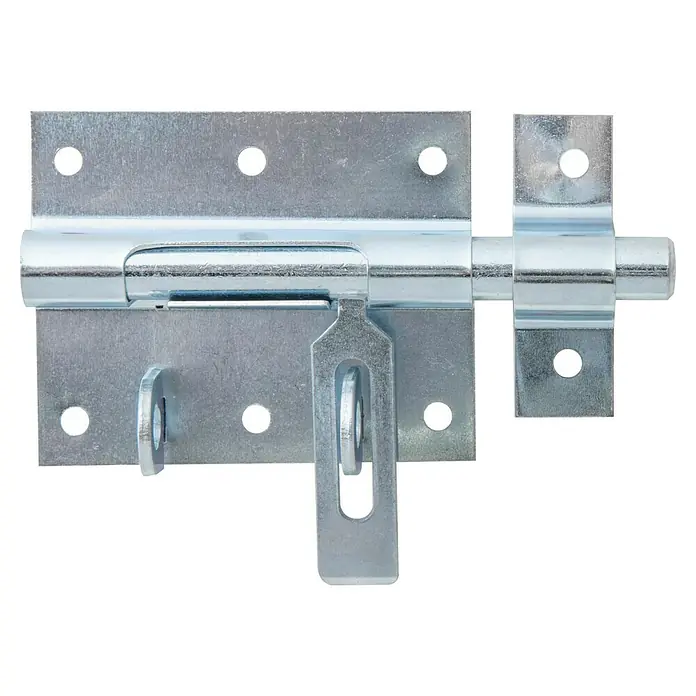 Alberts Pestillo con bloqueo portacandados - L x An: 120 x 80 mm, Zincado - Un cerrojo de cañón color plateado con orificios para tornillos, utilizado para asegurar puertas o portones.