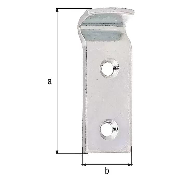 Alberts Cierre de gancho - L x An x Al: 50 x 18 x 2 mm, Acero - Escuadra metálica plateada con gancho para colgar y dos orificios para tornillos, con indicaciones de dimensiones.