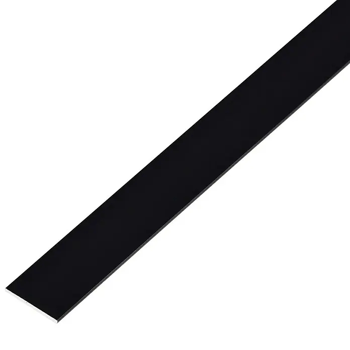 Alberts Barra plana - L x An: 2.000 x 30 mm, Espesor: 2 mm, Negro - Una sola barra plana negra alargada, colocada diagonalmente en la imagen, enfatizando su forma estrecha y su elegancia lisa.