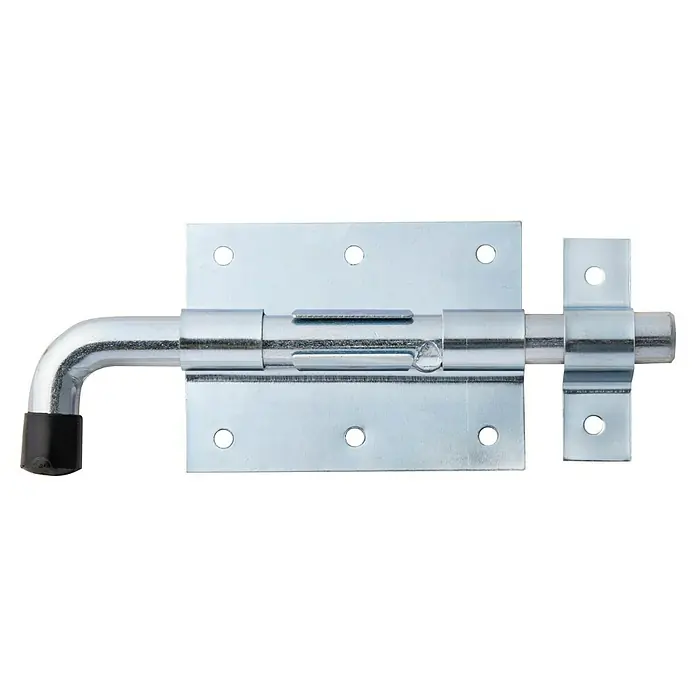 Alberts Pestillo con pasador - L x An: 165 x 67 mm, Zincado - Imagen de un cerrojo de cañón plateado con tope de goma negro, ideal para cerrar puertas de forma segura.