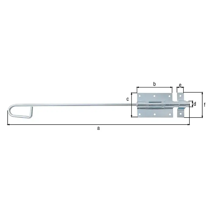 Alberts Pestillo deslizante tipo bayoneta - L x An: 500 x 67 mm, Plateado, Zincado - Imagen de una barra de puerta con las etiquetas a, b, c, d, e y f para indicar las diversas dimensiones del producto.