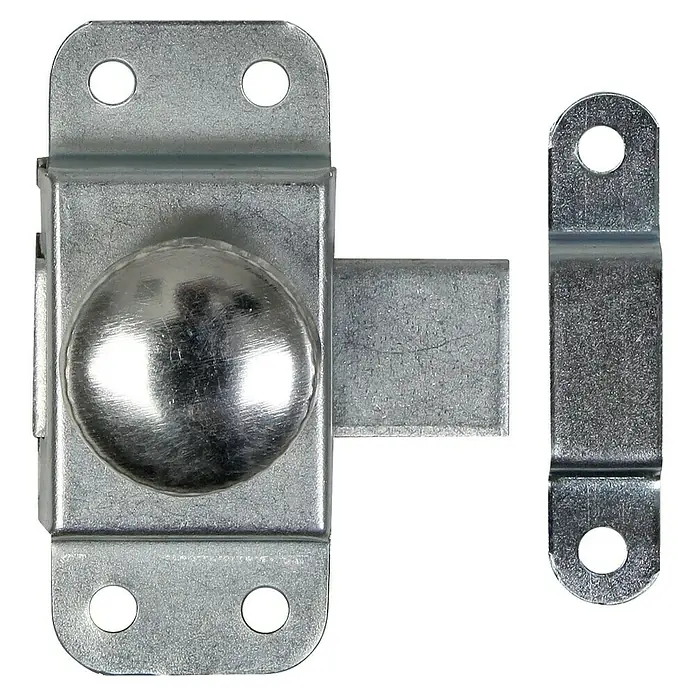 Alberts Pestillo - L x An: 50 x 69 mm, Zincado - Imagen de un pestillo de caja plateado con un pomo de bola y una contrapartida a juego, ideal para asegurar cajas y armarios.