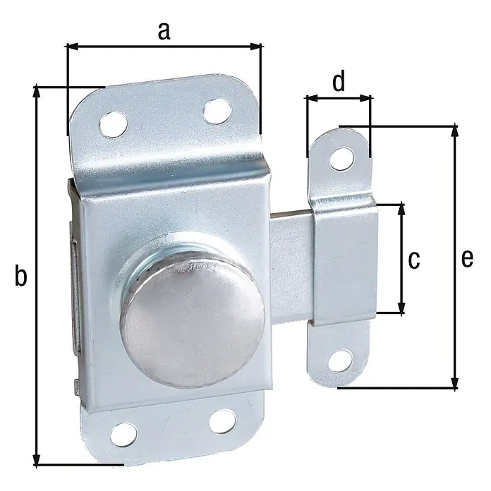 Alberts Pestillo - L x An: 50 x 69 mm, Zincado - En la imagen se muestra un cerrojo deslizante de metal, dimensiones a, b, c, d y e, diseñado para sujetar puertas o escotillas de forma segura.