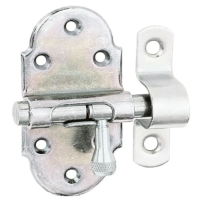 Alberts Pestillo - L x An: 60 x 75 mm, Zincado - Un cerrojo deslizante plateado brillante con perilla giratoria para asegurar puertas o ventanas.