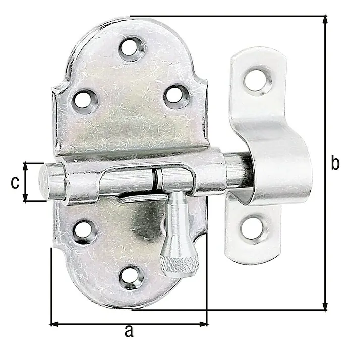 Alberts Pestillo - L x An: 60 x 75 mm, Zincado - Cerrojo metálico con dimensiones a, b y c. Un cerrojo robusto para diversas aplicaciones, ideal para asegurar puertas y ventanas.