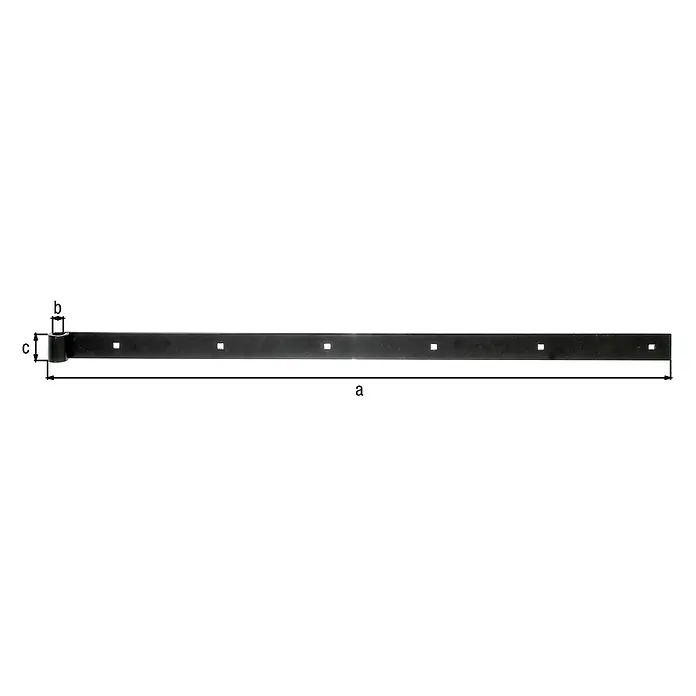Stabilit Ladenband - L x B: 800 x 35 mm, Stahl, Beschichtet, Schwarz - Ein Beschlag aus Stahl, zur Befestigung von Türen oder Toren, mit Abmessungen a, b und c dargestellt.