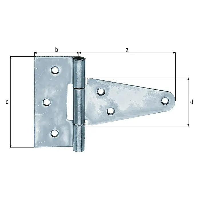 Alberts Bisagra - L x An: 148 x 90 mm, Acero, Zincado - La imagen muestra una bisagra en T de metal con las dimensiones a, b, c y d. La bisagra es de color plateado y tiene varios agujeros para tornillos.