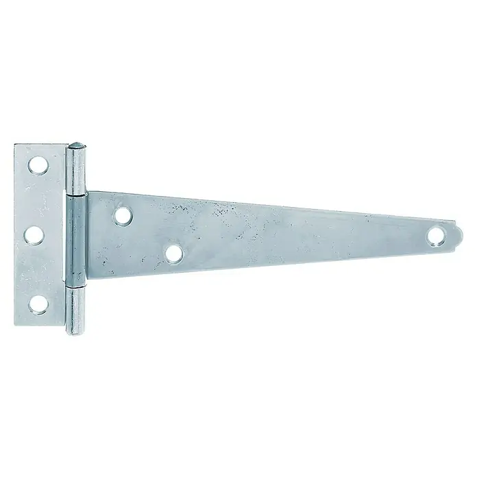 Alberts Bisagra - L x An: 198 x 90 mm, Acero, Zincado - Primer plano de una bisagra en T cincada. La bisagra en T es un accesorio que se utiliza normalmente para colgar portones y puertas.
