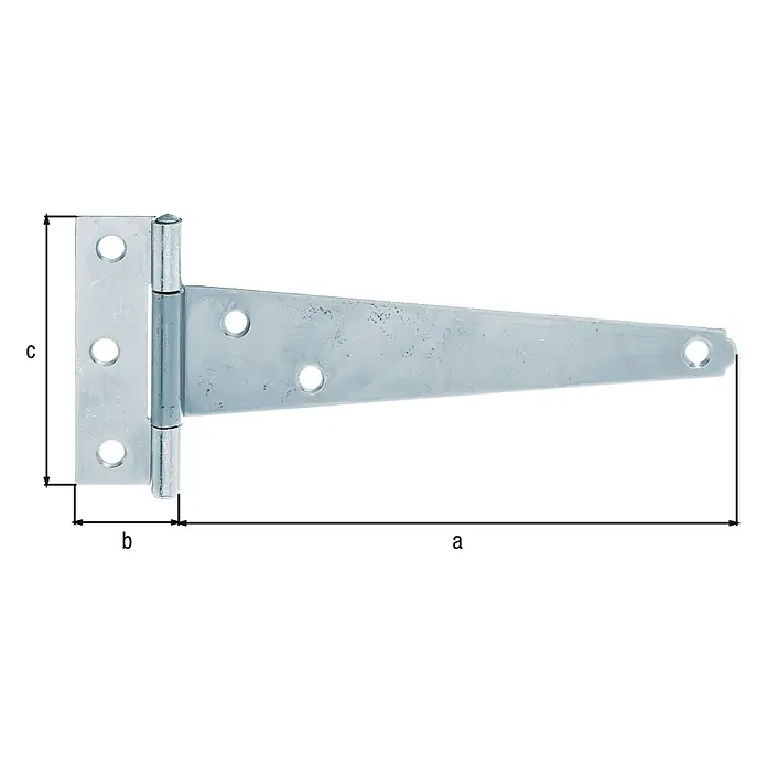 Alberts Bisagra - L x An: 198 x 90 mm, Acero, Zincado - Imagen de una bisagra en forma de T con las dimensiones a, b y c que indican la longitud y la anchura de las hojas de la bisagra.