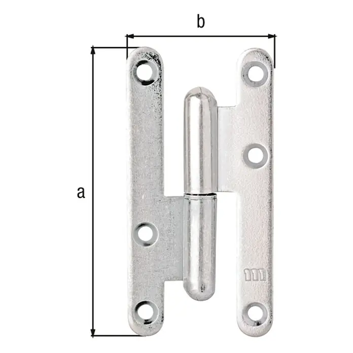 Alberts Bisagra París - L x An: 80 x 40 mm, Zincado, Derecha - En la imagen se muestra una bisagra de puerta con las dimensiones a y b, que es de metal y tiene varios agujeros perforados.