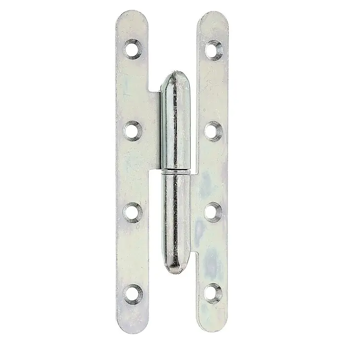 Alberts Bisagra París - L x An: 140 x 55 mm, Zincado, Izquierda - Primer plano de una bisagra de puerta pulida de color plateado, que muestra su robusta construcción y los orificios de montaje para una instalación segura.