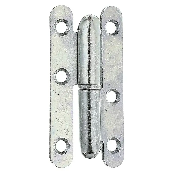 Alberts Bisagra París - L x An: 80 x 40 mm, Zincado, Izquierda - Primer plano de una bisagra de puerta brillante de color plateado con extremos redondeados y orificios de montaje.