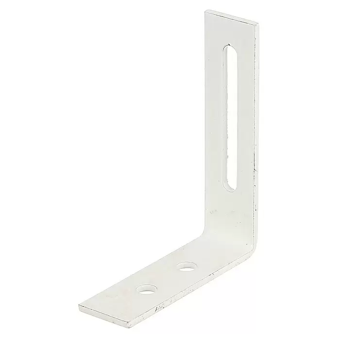 Alberts Escuadra regulable - L x An x Al: 80 x 65 x 20 mm, Zincado - Escuadra metálica blanca en forma de L con dos orificios para tornillos en la parte inferior y una ranura alargada en el lateral.