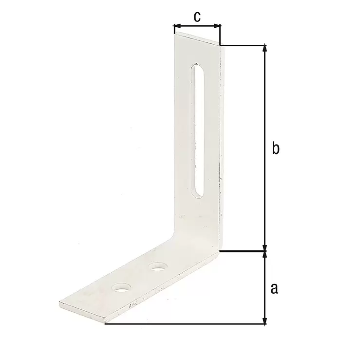 Alberts Escuadra regulable - L x An x Al: 80 x 65 x 20 mm, Zincado - Escuadra metálica blanca en forma de L con dos orificios redondos y una ranura alargada, con dimensiones a, b y c.