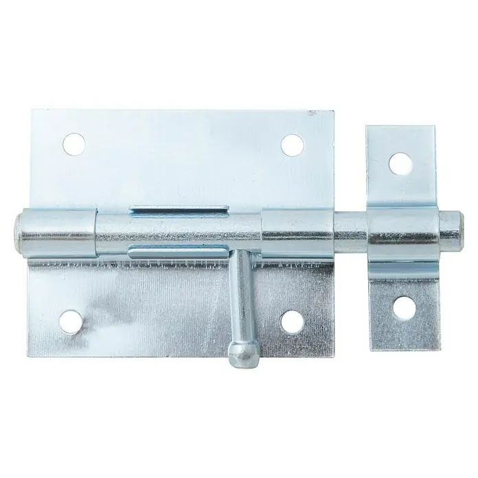 Alberts Pestillo deslizante - Plateado, L x An x Al: 100 x 57 x 16 mm - Primer plano de un cerrojo cilíndrico plateado, un tipo de cerradura comúnmente utilizado para asegurar puertas y portones. Es robusto y fácil de usar.