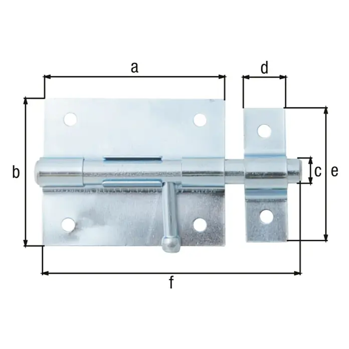 Alberts Pestillo deslizante - Plateado, L x An x Al: 100 x 57 x 16 mm - Imagen de un cerrojo con indicadores de dimensión. Un cerrojo sólido para asegurar puertas y portones, garantizando la seguridad.