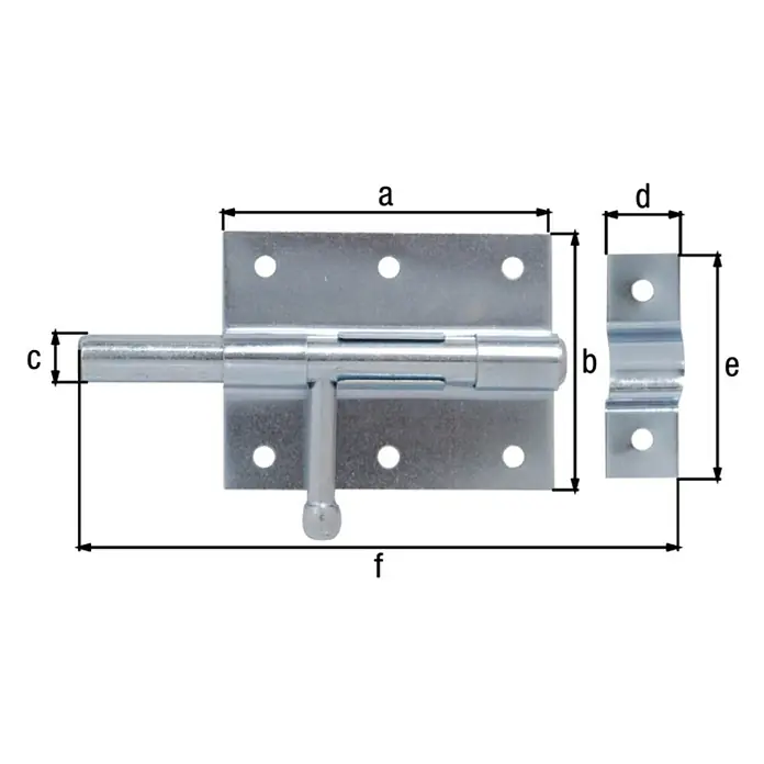Alberts Pestillo deslizante - An x Al: 120 x 80 mm, Zincado - Pestillo de puerta metálico con dimensiones de a a f, ideal para bloquear puertas y portones de forma segura.