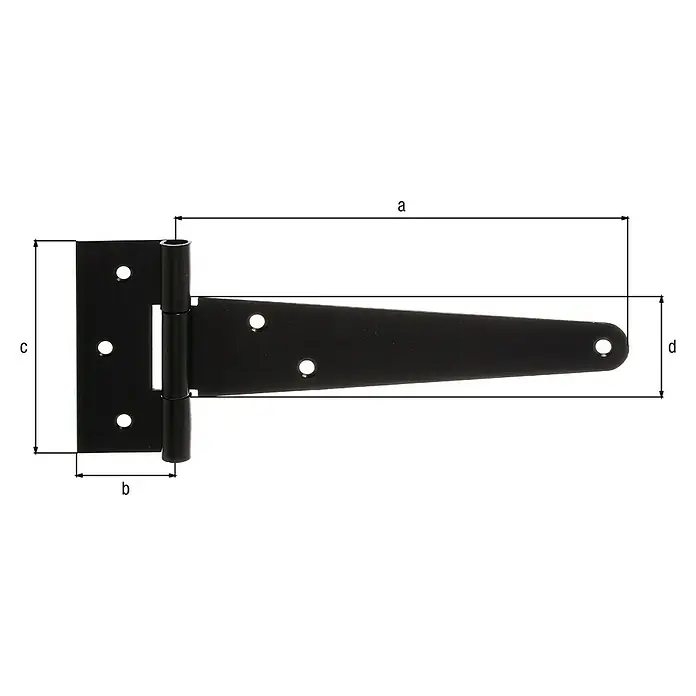 Alberts Bisagra - L x An: 198 x 90 mm, Acero, Lacado - Imagen de una bisagra en T, que muestra las dimensiones a, b, c y d. Ideal para puertas y portones exteriores.