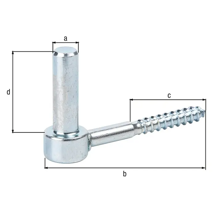 Alberts Gozne roscado - Largo: 105 mm, Diámetro mandril: 14 mm, Altura del mandril: 47 mm, Zincado - En la imagen se muestra un perno atornillable, cuyas dimensiones están marcadas con a, b, c y d. El perno es de metal y tiene rosca.