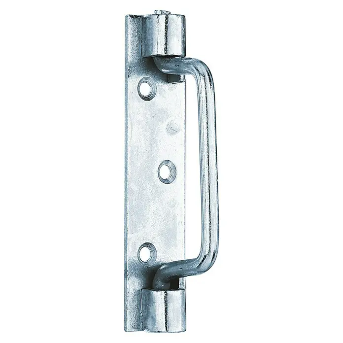 Alberts Tirador alargado St. Etiénne - L x An: 127 x 30 mm, Acero, Zincado - Primer plano de un tirador de bisagra de puerta plateado con tres agujeros para tornillos sobre una superficie negra.