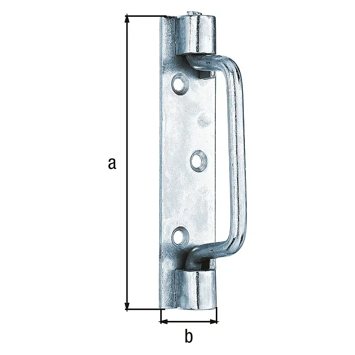 Alberts Tirador alargado St. Etiénne - L x An: 127 x 30 mm, Acero, Zincado - Se muestra un cerrojo de bisagra galvanizado, medidas a y b, ideal para portones. Diseño robusto para una fijación fiable y duradera.