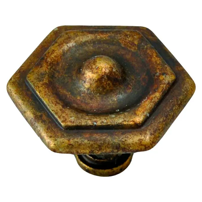 Nesu Pomo para muebles 261 - Tipo de tirador del mueble: Botón, Ø x Al: 32 x 23 mm, Acero - Primer plano de un tirador de mueble hexagonal de color bronce con acabado de pátina, que proporciona un aspecto rústico o vintage.