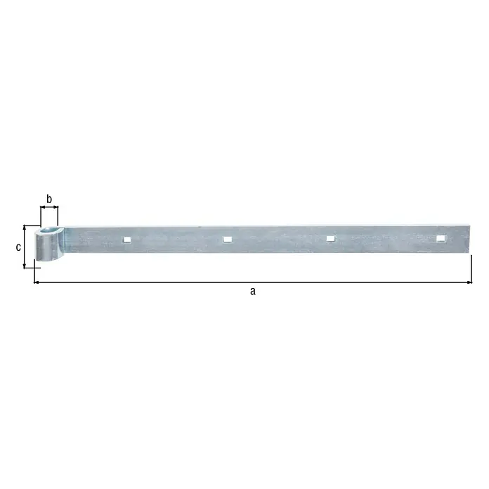 Alberts Bisagra recta - L x An: 400 x 35 mm, Espesor: 5 mm, Plateado, Zincado - Imagen del producto de una banda metálica larga y plana con un accesorio de bisagra cilíndrica en el extremo. Etiquetado con a, b y c.