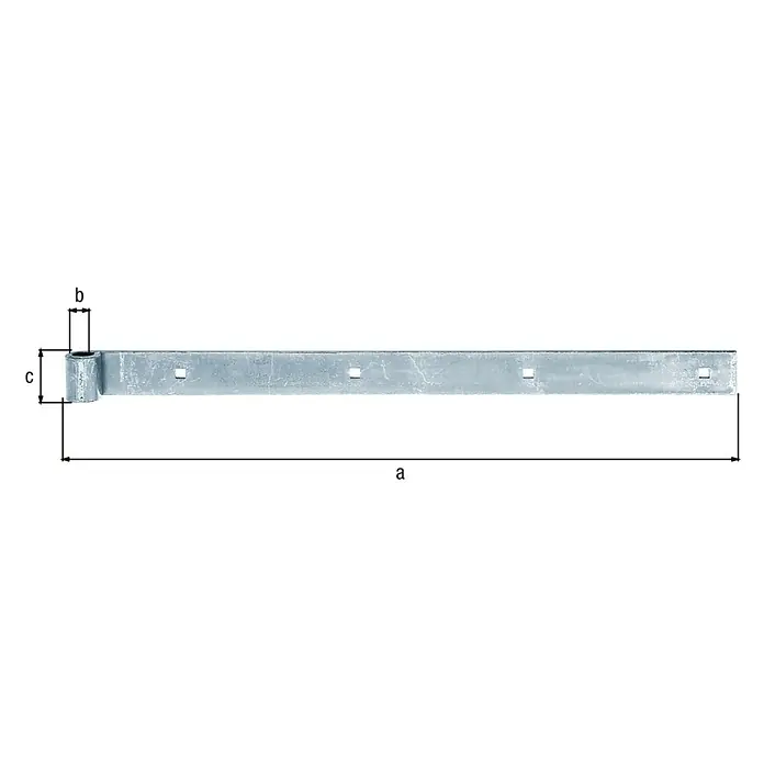Alberts Bisagra recta - L x An: 500 x 35 mm, Espesor: 5 mm, Plateado, Zincado - Imagen de una placa de bisagra larga y gris con orificios cuadrados, que muestra las dimensiones a, b y c.