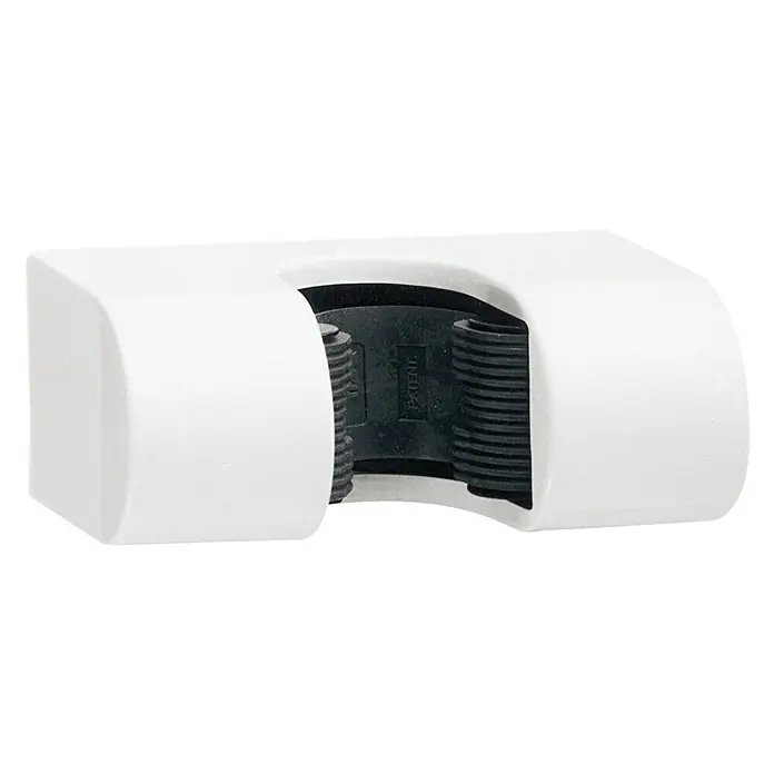 Inofix Colgador adhesivo 2056 - Plástico, Blanco - Primer plano de un organizador de montaje en pared blanco con rodillos negros para sujetar herramientas.