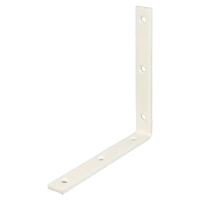 Alberts Escuadra de silla - L x An: 160 x 160 mm, Acero, Revestido, Espesor: 20 mm - Un soporte angular metálico blanco con orificios preperforados para facilitar el montaje de estanterías y estructuras.