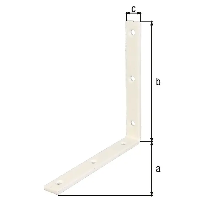 Alberts Escuadra de silla - L x An: 160 x 160 mm, Acero, Revestido, Espesor: 20 mm - Un soporte angular blanco marcado con las dimensiones a, b y c, adecuado para diversas tareas de montaje. Ideal para la construcción de muebles.