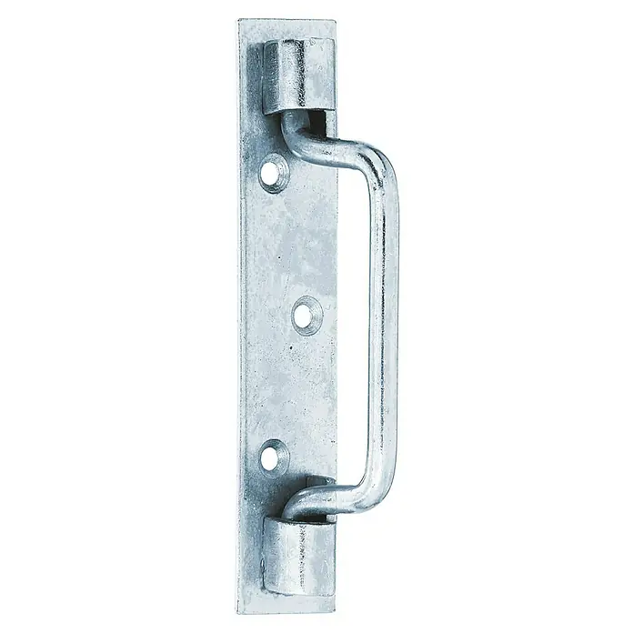 Alberts Tirador alargado St. Etiénne - L x An: 142 x 30 mm, Acero, Zincado - La imagen muestra una manija de puerta de color plateado con una placa de montaje rectangular con tres agujeros.