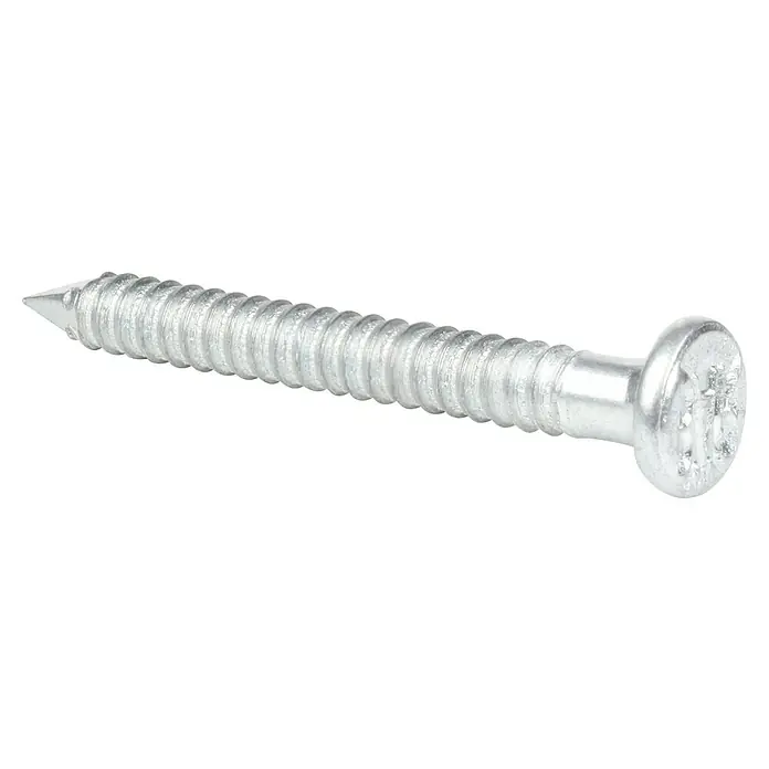 Alberts Clavo - Ø x L: 4 x 40 mm, Acero, 50 ud. - Primer plano de un solo tornillo plateado con rosca afilada y cabeza plana sobre un fondo negro.