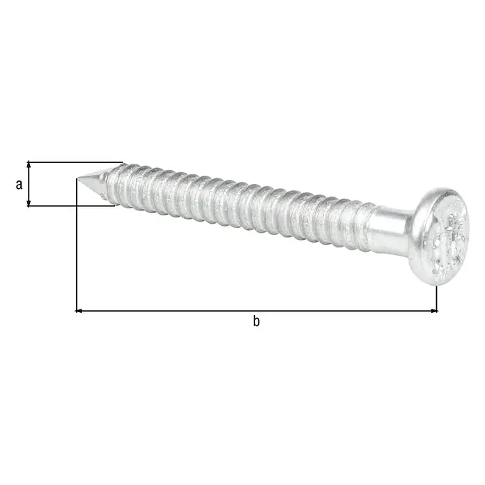 Alberts Clavo - Ø x L: 4 x 40 mm, Acero, 50 ud. - La imagen muestra un tornillo con etiquetas 'a' para el diámetro y 'b' para la longitud total, mostrado sobre un fondo neutro.