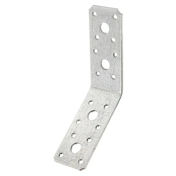 Alberts Conector en ángulo - L x An x Al: 180 x 40 x 30 mm - Un ángulo de soporte plateado en ángulo recto con muchos agujeros de diferentes tamaños se muestra sobre un fondo negro. El soporte metálico es duradero.