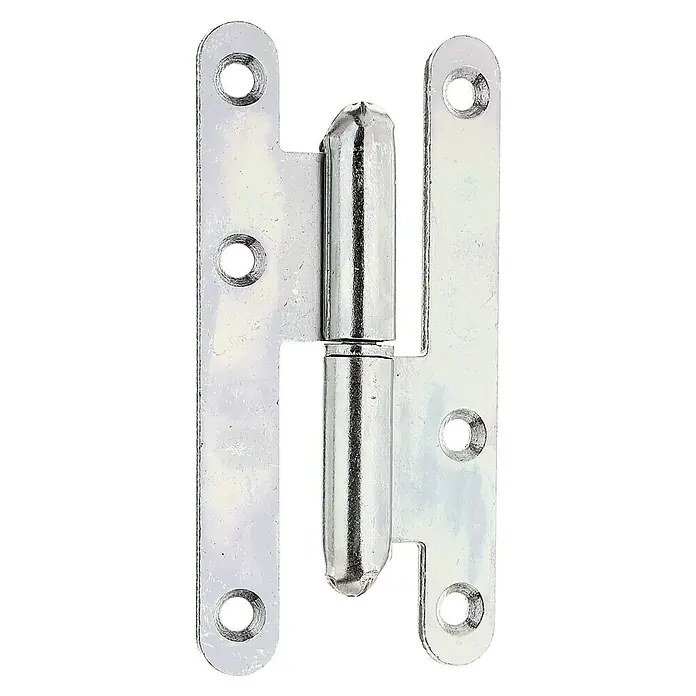 Alberts Bisagra París - L x An: 110 x 55 mm, Zincado, Izquierda - Primer plano de una bisagra de alta resistencia niquelada con bordes redondeados y orificios de montaje sobre un fondo negro.