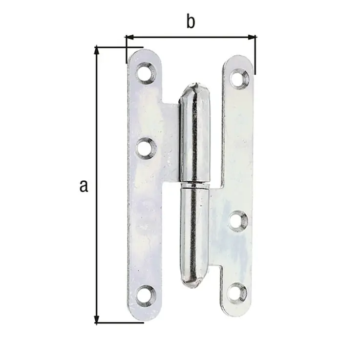 Alberts Bisagra París - L x An: 110 x 55 mm, Zincado, Izquierda - La imagen muestra una bisagra de puerta con las etiquetas a y b, que ilustran las dimensiones de la bisagra. La bisagra es plateada y de metal.