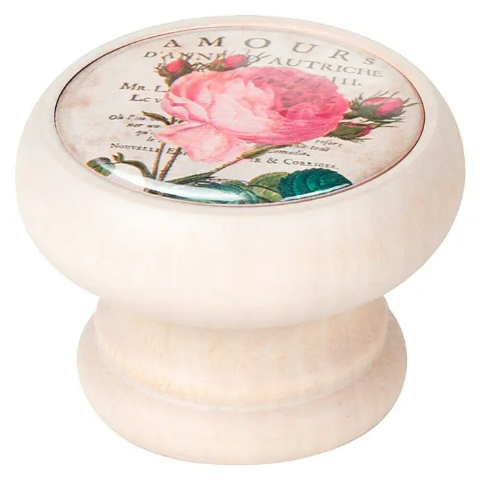 Nesu Pomo para muebles Rosas - Ø x Al: 40 x 29 mm, Madera - Pomo decorativo para muebles con diseño de rosa y texto antiguo. Perfecto para añadir un toque vintage a los muebles.
