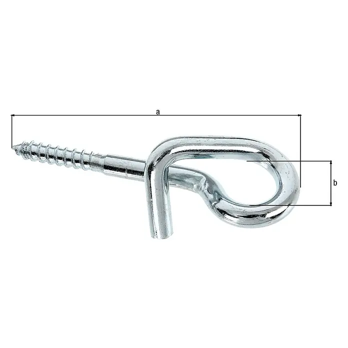 Alberts Sujeción para columpios - Largo: 160 mm, Acero, Zincado, Capacidad de carga: 200 kg - Primer plano de un cáncamo de tornillo para madera galvanizado, con dimensiones a y b, ideal para diversas aplicaciones de fijación.