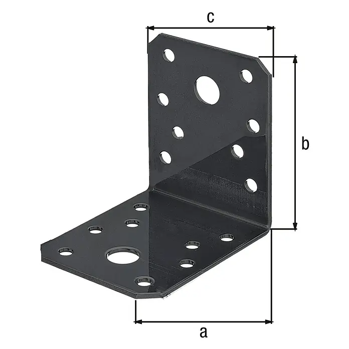 Stabilit Winkelverbinder - L x B x H: 70 x 55 x 70 mm, Stahl, Beschichtet, 1 Stk. - Winkelverbinder aus schwarzem Metall mit mehreren Löchern in verschiedenen Größen für eine stabile Verbindung.