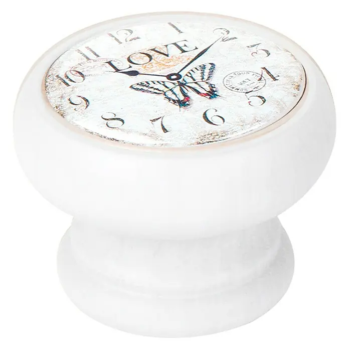 Nesu Pomo para muebles Reloj Love - Ø x Al: 40 x 29 mm, Madera - Este tirador de cerámica para muebles es blanco con un diseño de reloj, con una mariposa y la palabra "amor".