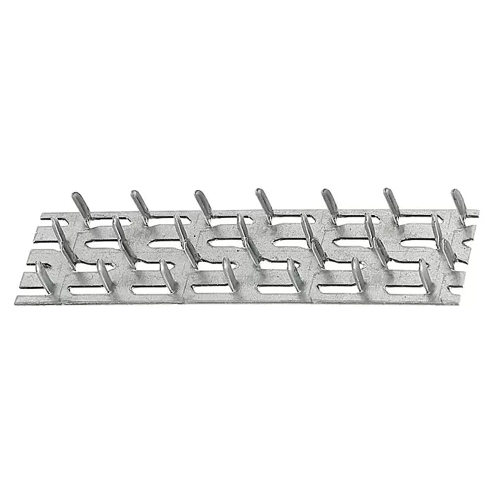Alberts Pletina de ensamblaje - L x An: 102 x 25 mm, Zincado - Placa de conexión de metal plateado con puntas afiladas y dobladas para unir materiales.