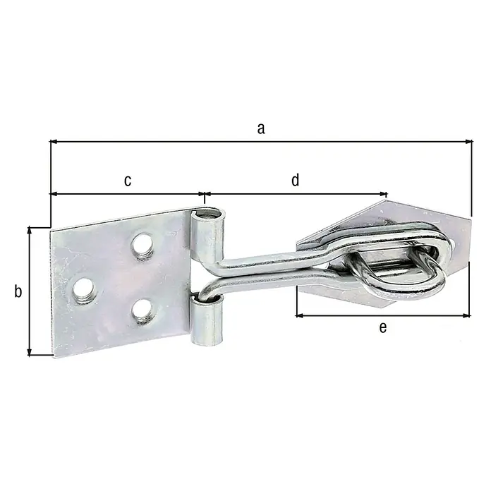 Alberts Pestillo - L x An: 93,5 x 31,5 mm, Zincado - Se muestra un gancho de cabina plateado, galvanizado. El gancho de la cabina está etiquetado con las dimensiones a, b, c, d y e para mostrar su tamaño.