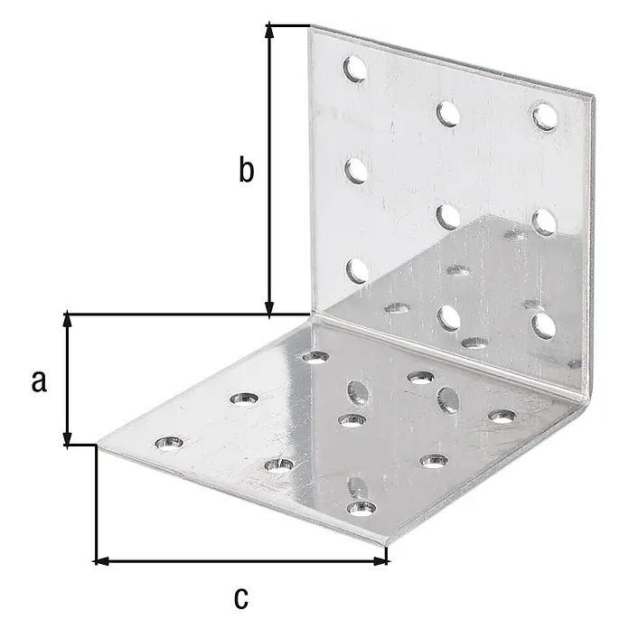 Alberts Escuadra con placa perforada - L x An x Al: 40 x 40 x 60 mm - Escuadra con dimensiones a, b y c, utilizada para construcciones de madera y fabricación de muebles.